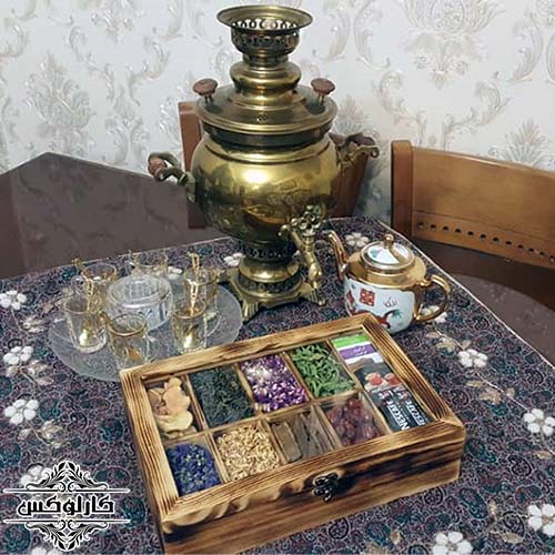 باکس دمنوش چوبی-دکوراسیون سنتی-سماور برنجی-کارلوکس-wooden teabag box-karlux