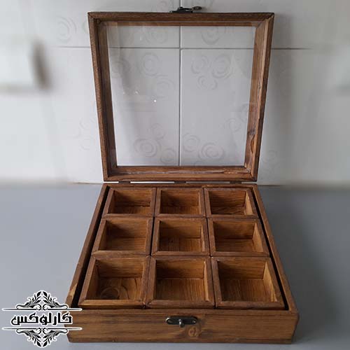 باکس دمنوش و ادویه 2 چوبی-باکس 9 تایی-کارلوکس-wooden spice box-karlux