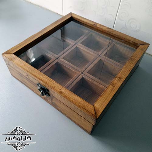 باکس دمنوش و ادویه 3 چوبی-باکس 9 تایی-کارلوکس-wooden spice box-karlux