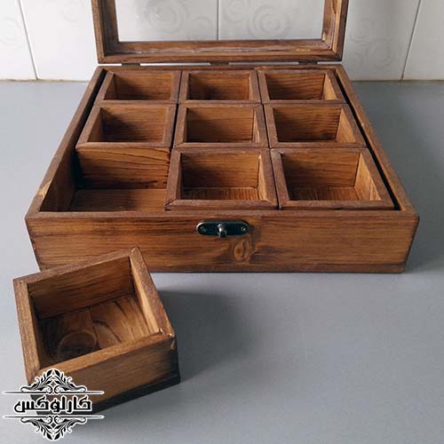 باکس دمنوش و ادویه 4 چوبی-باکس 9 تایی-کارلوکس-wooden spice box-karlux